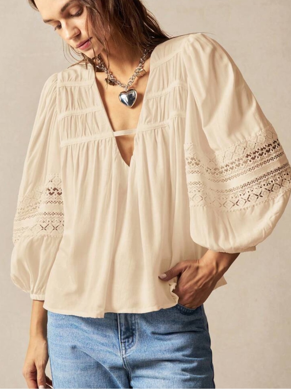 NWOT Boho Lace Balloon Sleeve Top